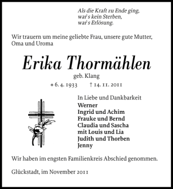 Traueranzeige von Erika Thormählen von Norddeutsche Rundschau