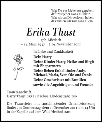 Traueranzeige von Erika Thust von Norddeutsche Rundschau