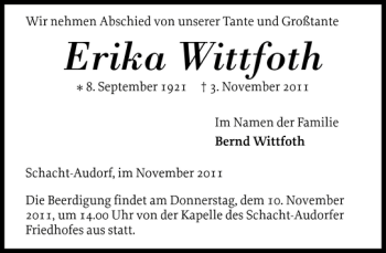 Traueranzeige von Erika Wittfoth von Landeszeitung
