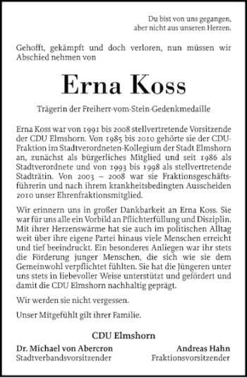 Traueranzeige von Erna Koss von Elmshorner Nachrichten