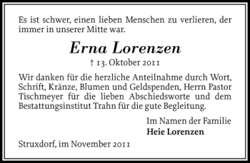 Traueranzeige von Erna Lorenzen von Schleswiger Nachrichten