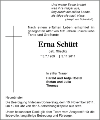 Traueranzeige von Erna Schütt von Holsteinischer Courier
