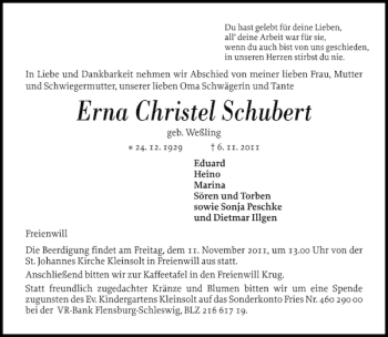 Traueranzeige von Erna Christel Schubert von Flensburger Tageblatt