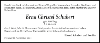 Traueranzeige von Erna Christel Schubert von Flensburger Tageblatt