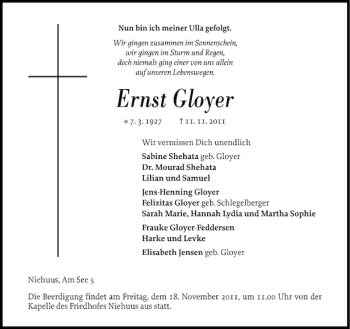Traueranzeige von Ernst Gloyer von Flensburger Tageblatt