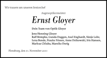 Traueranzeige von Ernst Gloyer von Flensburger Tageblatt