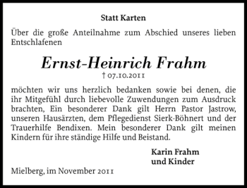 Traueranzeige von Ernst-Heinrich Frahm von Landeszeitung