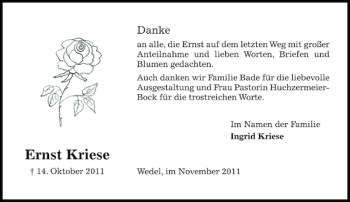 Traueranzeige von Ernst Kriese von Pinneberger Tageblatt