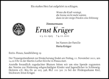 Traueranzeige von Ernst Krüger von Ostholsteiner Anzeiger