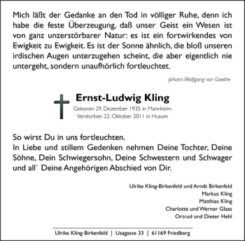Traueranzeige von Ernst-Ludwig Kling von Husumer Nachrichten