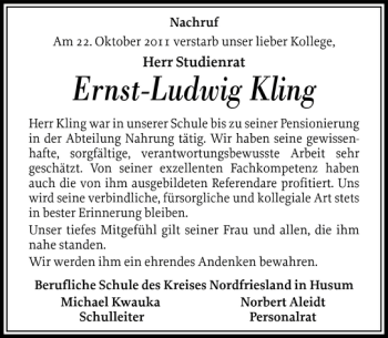 Traueranzeige von Ernst-Ludwig Kling von Husumer Nachrichten