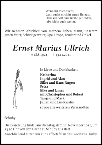 Traueranzeige von Ernst Marius Ullrich von Schleswiger Nachrichten