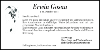Traueranzeige von Erwin Gosau von Norddeutsche Rundschau
