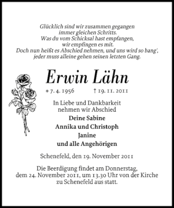 Traueranzeige von Erwin Lähn von Norddeutsche Rundschau