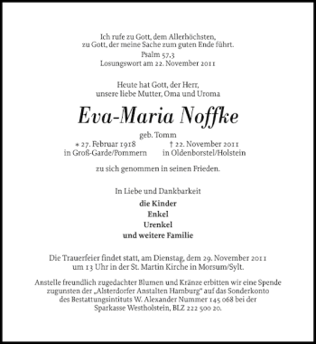 Traueranzeige von Eva-Maria Noffke von Norddeutsche Rundschau