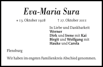 Traueranzeige von Eva-Maria Sura von Flensburger Tageblatt