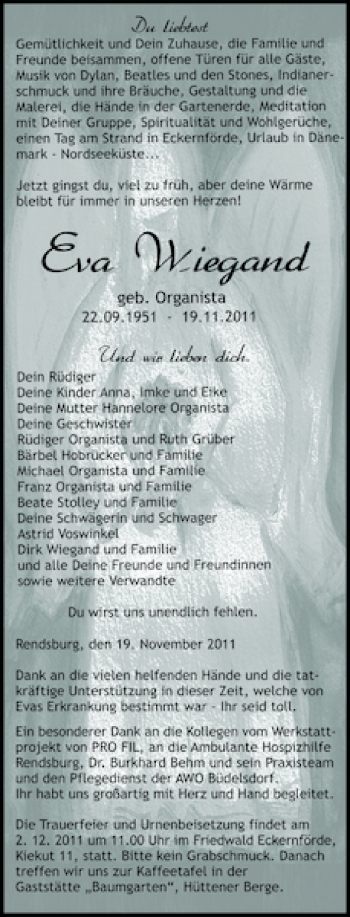 Traueranzeige von Eva Wiegand von Landeszeitung