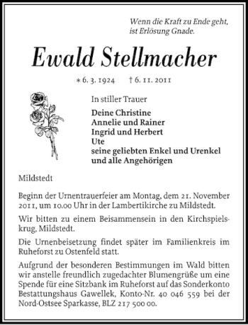 Traueranzeige von Ewald Stellmacher von Husumer Nachrichten