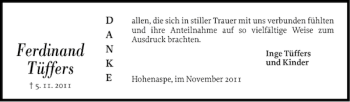 Traueranzeige von Ferdinand Tüffers von Norddeutsche Rundschau