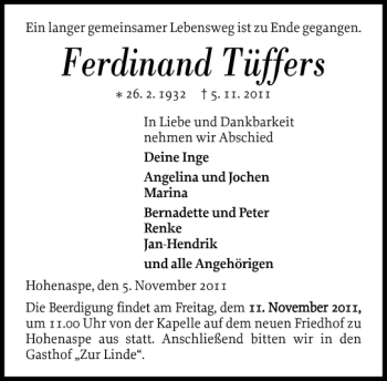 Traueranzeige von Ferdinand Tüffers von Norddeutsche Rundschau