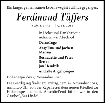 Traueranzeige von Ferdinand Tüffers von Norddeutsche Rundschau