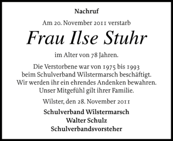 Traueranzeige von Frau Ilse Stuhr von Norddeutsche Rundschau
