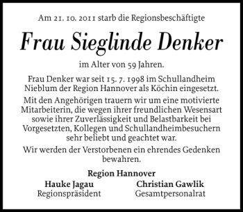 Traueranzeige von Frau Sieglinde Denker von Der Insel-Bote