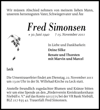 Traueranzeige von Fred Simonsen von Nordfriesland Tageblatt