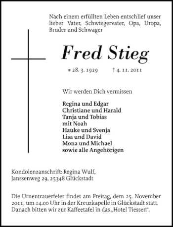 Traueranzeige von Fred Stieg von Norddeutsche Rundschau