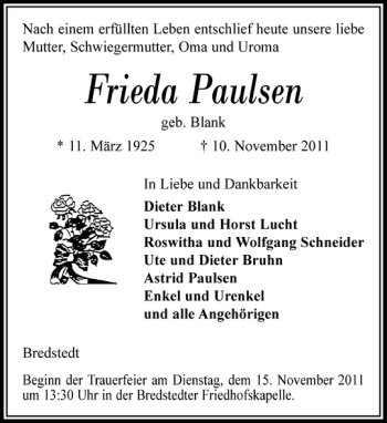 Traueranzeige von Frieda Paulsen von Husumer Nachrichten