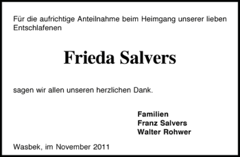 Traueranzeige von Frieda Salvers von Holsteinischer Courier