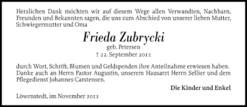 Traueranzeige von Frieda Zubrycki von Husumer Nachrichten