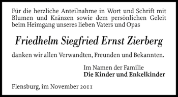 Traueranzeige von Friedhelm Siegfried Ernst Zierberg von Flensburger Tageblatt