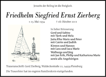 Traueranzeige von Friedhelm Siegfried Ernst Zierberg von Flensburger Tageblatt