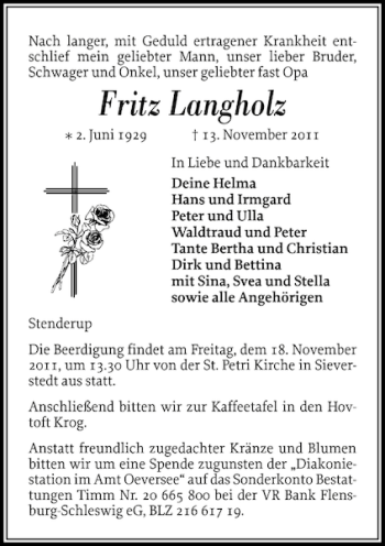 Traueranzeige von Fritz Langholz von Flensburger Tageblatt