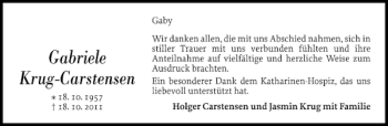 Traueranzeige von Gabriele Krug-Carstensen von Flensburger Tageblatt