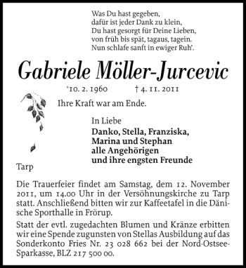 Traueranzeige von Gabriele Möller-Jurcevic von Flensburger Tageblatt