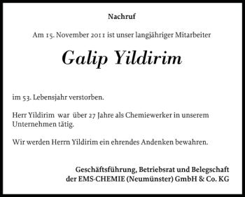 Traueranzeige von Galip Yildirim von Holsteinischer Courier