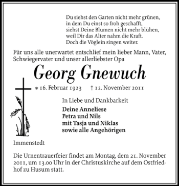Traueranzeige von Georg Gnewuch von Husumer Nachrichten