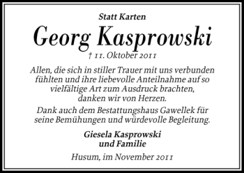 Traueranzeige von Georg Kasprowski von Husumer Nachrichten