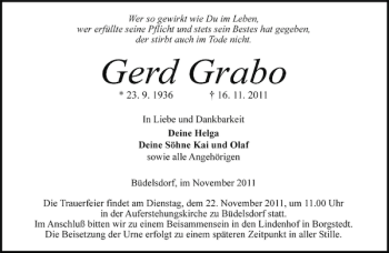 Traueranzeige von Gerd Grabo von Landeszeitung