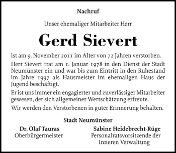 Traueranzeige von Gerd Sievert von Holsteinischer Courier