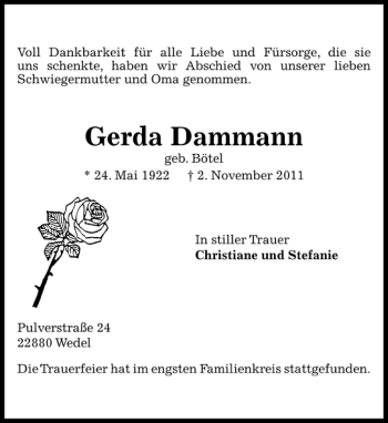 Traueranzeige von Gerda Dammann von Pinneberger Tageblatt