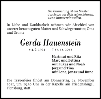 Traueranzeige von Gerda Hauenstein von Flensburger Tageblatt