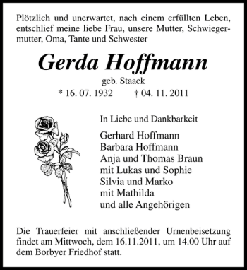 Traueranzeige von Gerda Hoffmann von Eckernförder Zeitung