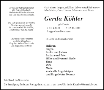 Traueranzeige von Gerda Köhler von Eckernförder Zeitung