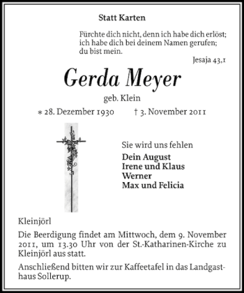 Traueranzeige von Gerda Meyer von Flensburger Tageblatt