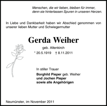 Traueranzeige von Gerda Weiher von Holsteinischer Courier