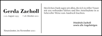 Traueranzeige von Gerda Zacholl von Holsteinischer Courier