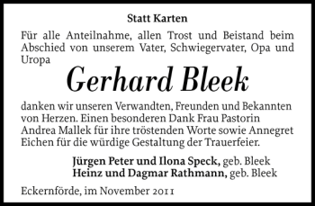 Traueranzeige von Gerhard Bleek von Landeszeitung